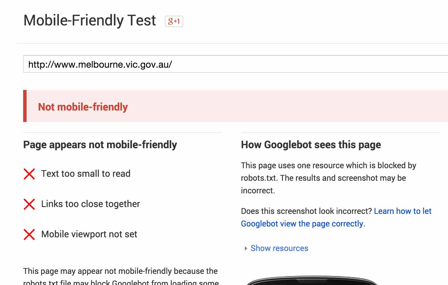 A screenshot of Melbourne's website failing the Google Mobile-Friendly Test