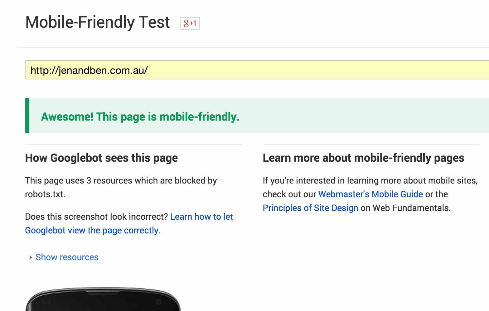 A screenshot of Jen & Ben Design's website passing the Google Mobile-Friendly Test