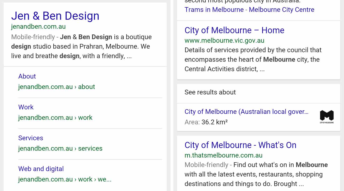 Jen & Ben Design's mobile-friendly search result vs. Melbourne's non-mobile-friendly result