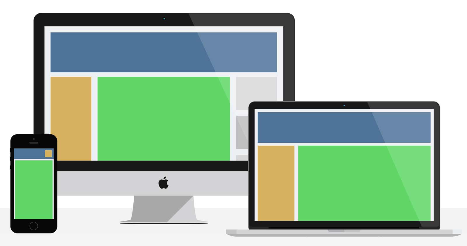 A diagramatical example of responsive design on a desktop computer, laptop and phone.
