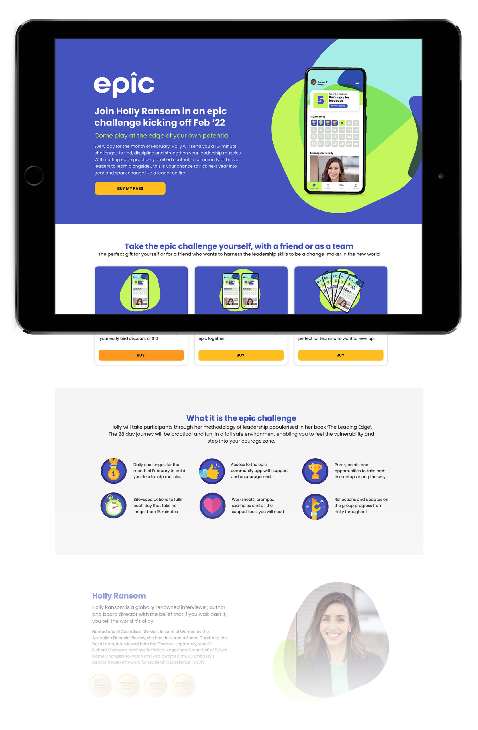 A mockup of Holly Ransom's Epic Challenge landing page
